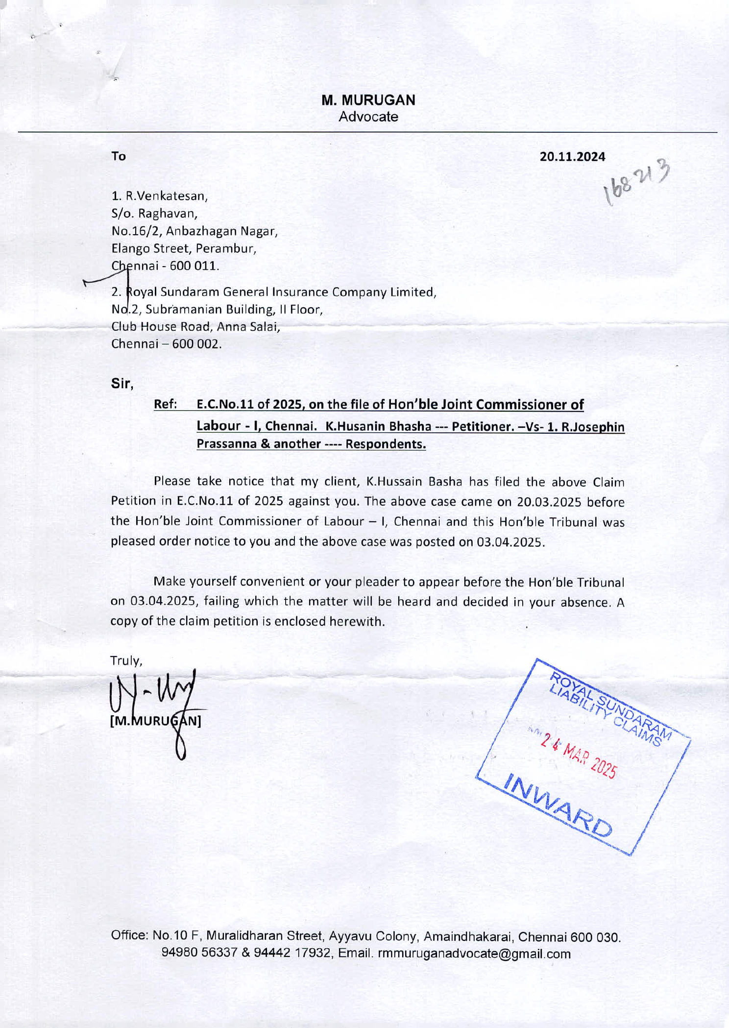 Advocate notice with insurer inward stamp